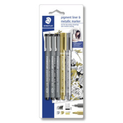 Fineliner pigment liner sølv-guld (3+2)