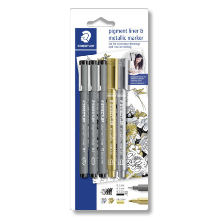 Fineliner pigment liner sølv-guld (3+2)