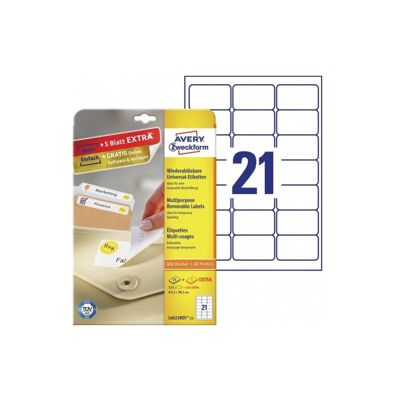 Avery L6023REV-25 Aftagelige etiketter 21 pr. ark 63