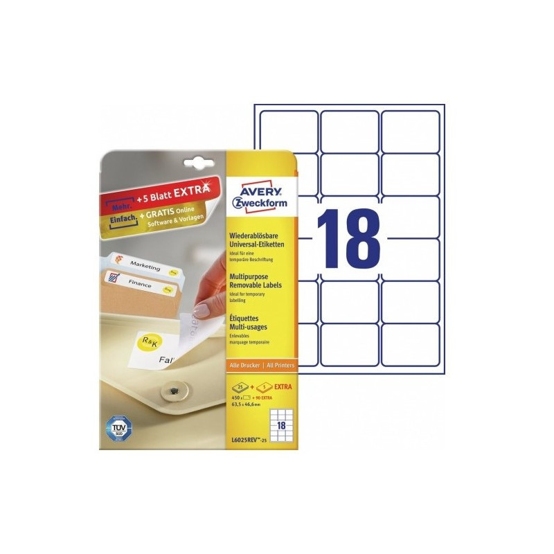 Avery L6025REV-25 Aftagelige etiketter 18 pr. ark 63