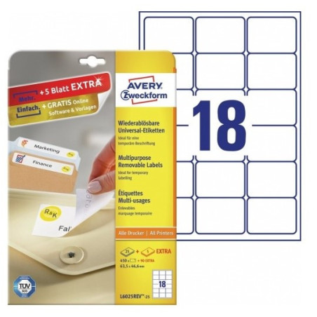 Avery L6025REV-25 Aftagelige etiketter 18 pr. ark 63