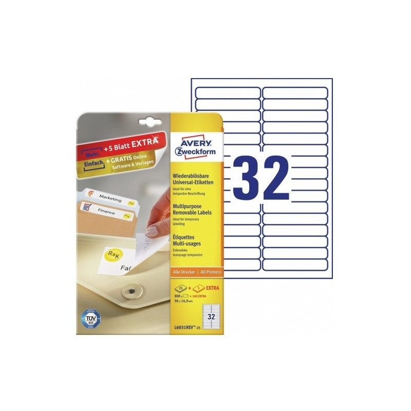 Avery L6031REV-25 Aftagelige etiketter 32 pr. ark 96 x 16