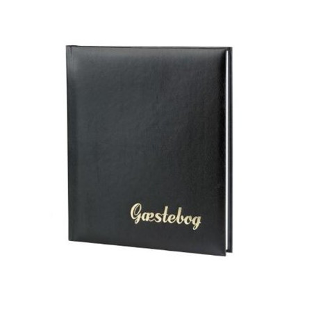 Gæstebog i sort læderlook med guldtryk