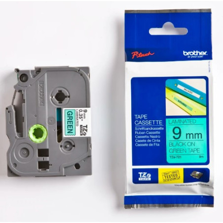 Brother TZe-721 Sort tekst på grøn tape lamineret 9mm
