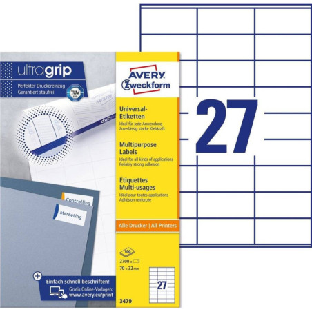 Avery 3479 hvide labels 27 pr. ark. 70x32 100ark