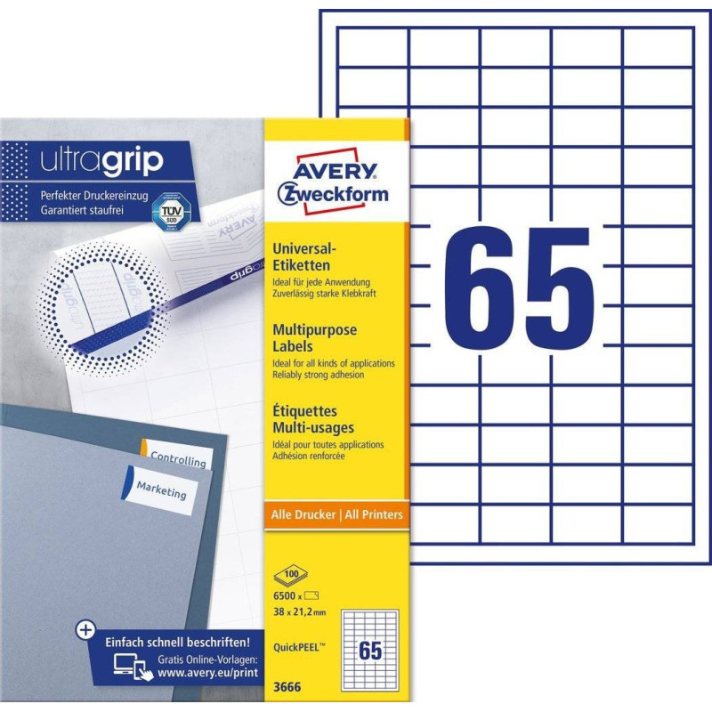 Avery 3666 hvide labels 65 pr. ark