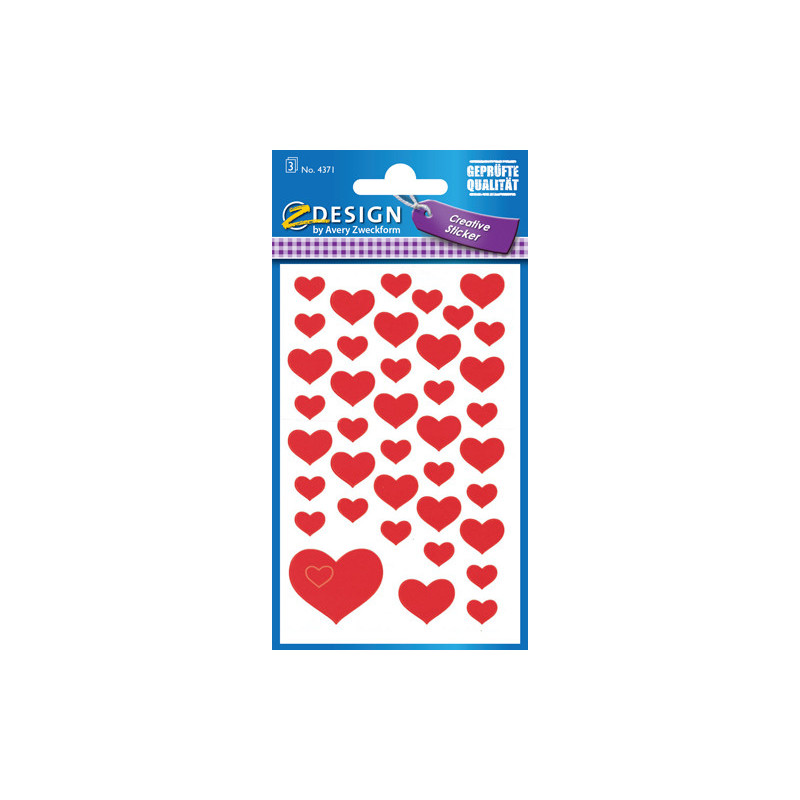 Avery 4371 Hjerter RØDE 3ark of 39 labels assorterede str.
