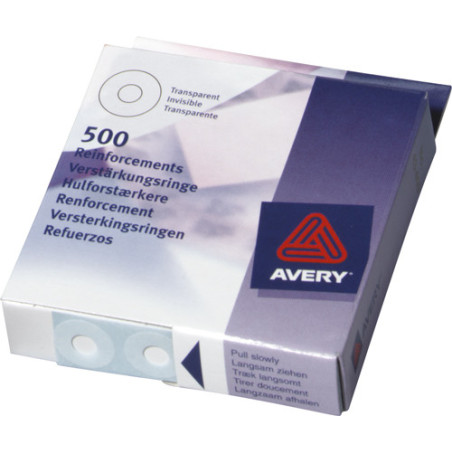 Avery 43-409 Hulforstærkere. Klare 13mm Dispenser 500stk. (Udsalg)