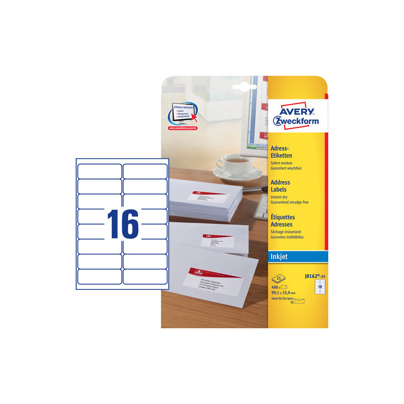 Avery J8162-25 Adresse etiketter DL kuverter quick dry 16 pr. ark 99.1 x 33.9 25 ark
