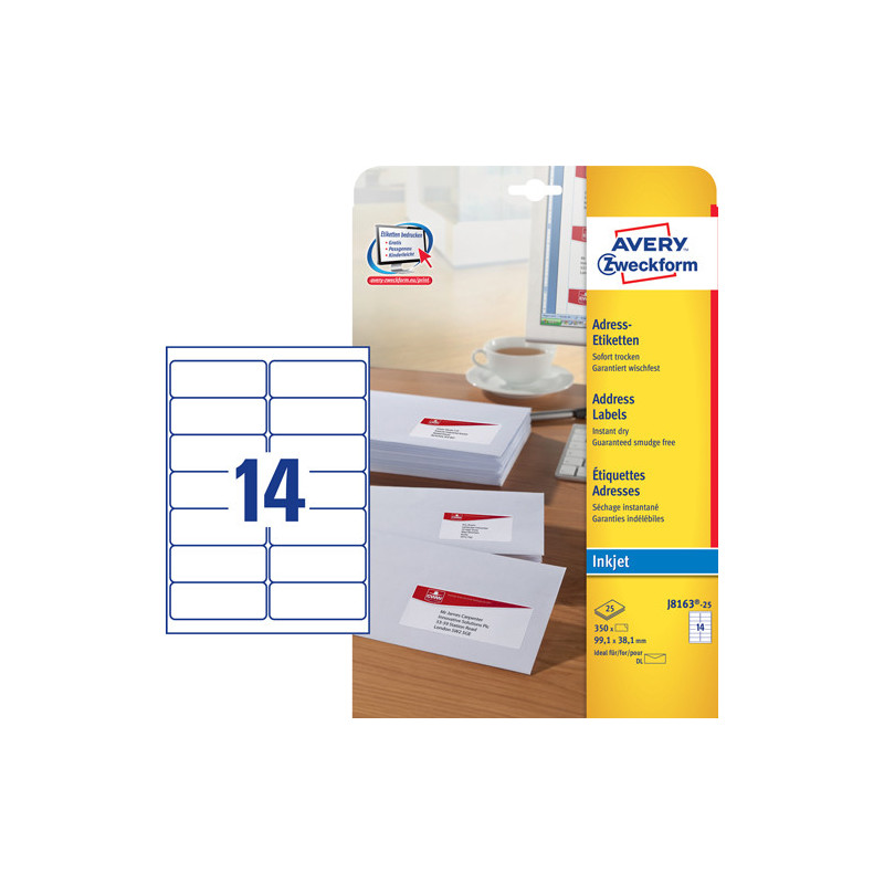 Avery J8163-25 Adresse etiketter DL kuverter quick dry 14 pr. ark 99.1 x 38.1 25 ark