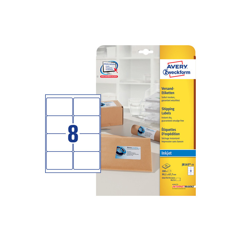 Avery J8165-25 Adresse etiketter store kuverter quick dry 8 pr. ark 99.1 x 67.7 25 ark