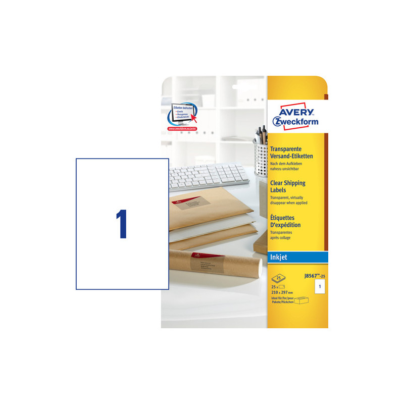 Avery J8567-25 klare Adresse etiketter 1 pr. ark 210 x 297 25 ark