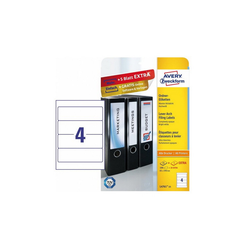 Avery L4761-25 Rygetiketter til ringbind 4 pr. ark 192 x 61 30ark