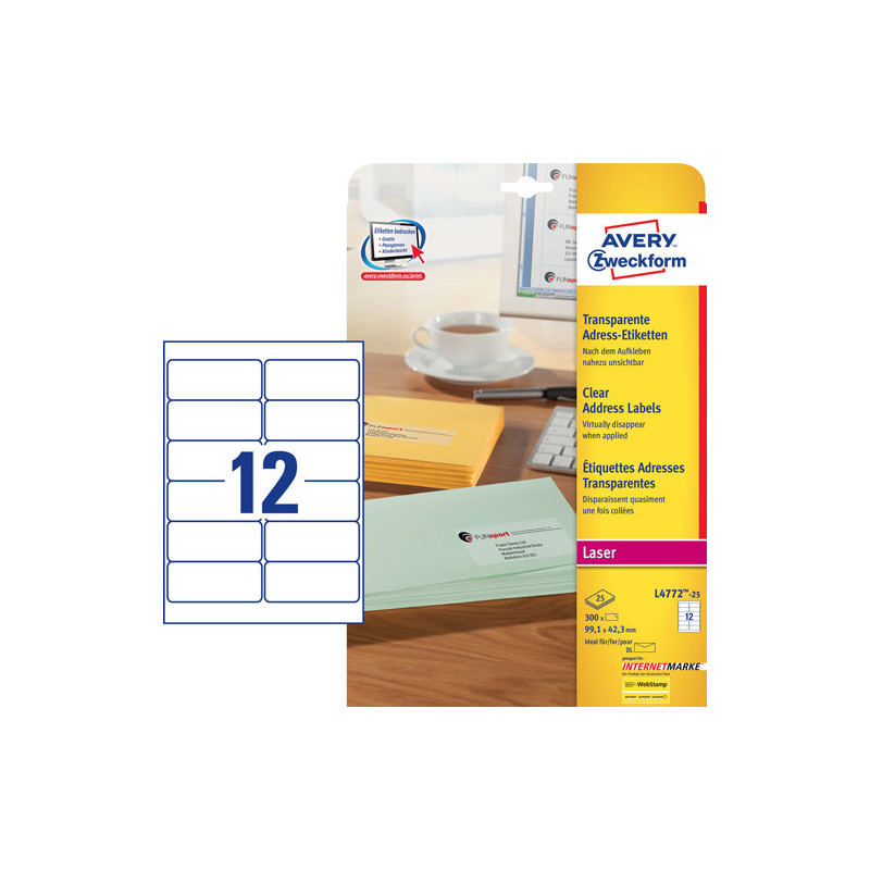 Avery L4772-25 klare Adresse etiketter 12 pr. ark 99.1 x 42.3 25 ark