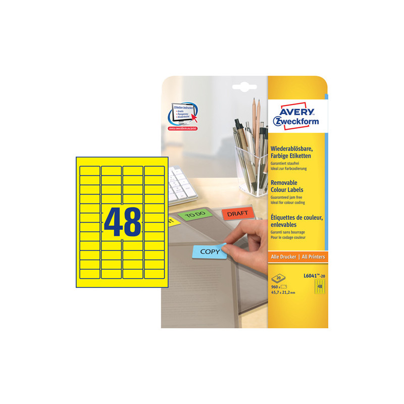 Avery L6041-20 Aftagelige gule etiketter