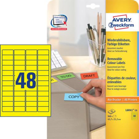 Avery L6041-20 Aftagelige gule etiketter