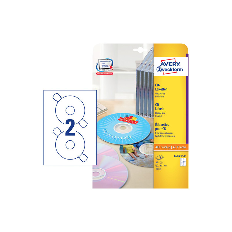 Avery L6043-25 Classic CD etiketter matt 2 pr. ark diameter 117mm 25ark