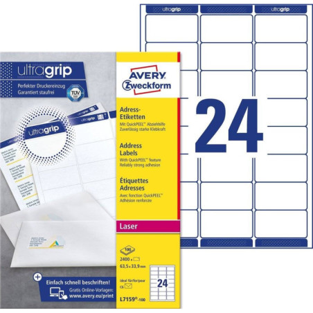 Avery L7159-100 Adresse etiketter små kuverter 24 pr. ark 63.5 x 33.9 100 ark