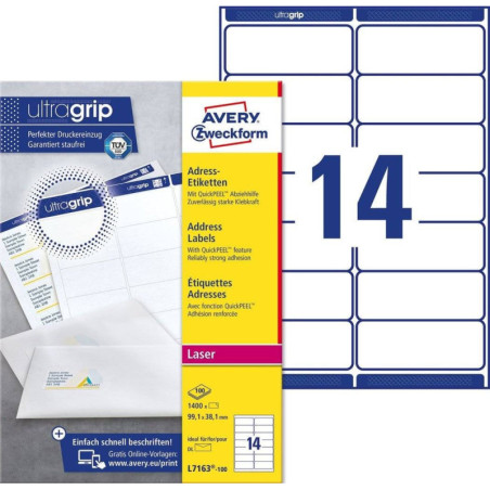 Avery L7163-100 Adresse etiketter DL kuverter 14 pr. ark 99.1 x 38.1 100 ark