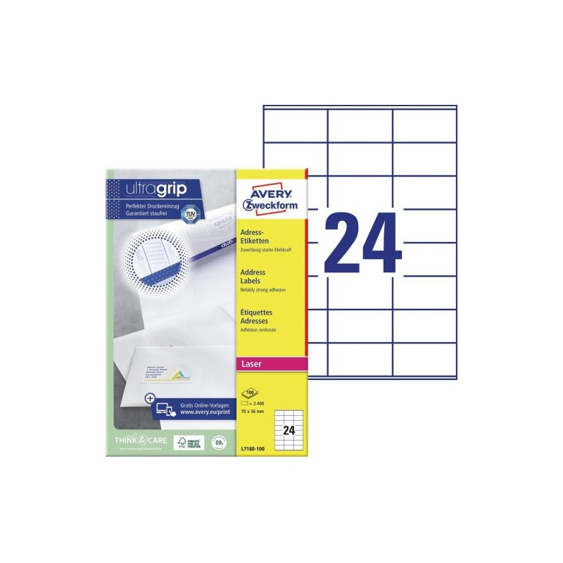 Avery L7180-100 Adresse etiketter små kuverter 24 pr. ark 70x36 100 ark Avery L7180-100 Adresse etiketter små kuverter 24 pr. ark 70x36 100 ark