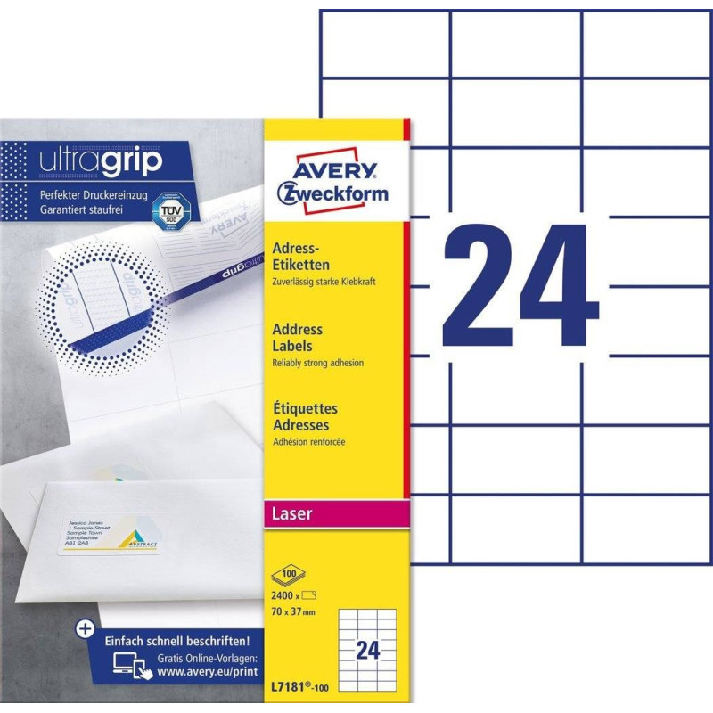 Avery L7181-100 Adresse etiketter små kuverter 24 pr. ark 70x37 100 ark Avery L7181-100 Adresse etiketter små kuverter 24 pr. ark 70x37 100 ark