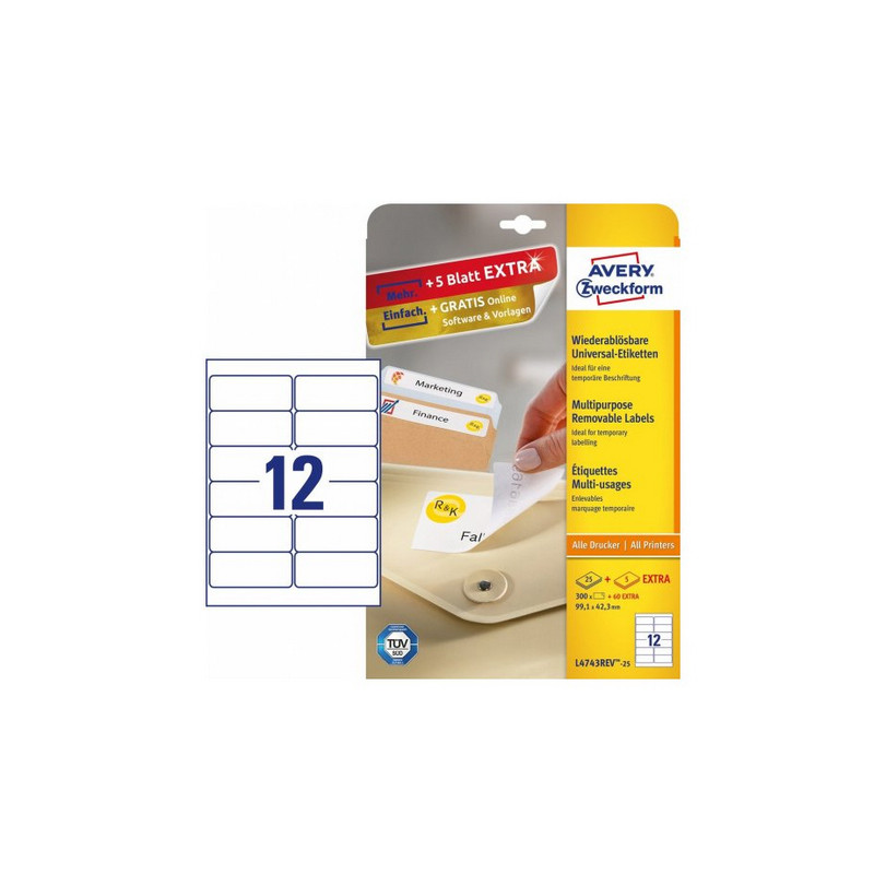 Avery L4743Rev-25 Aftagelige etiketter 12 pr. ark 99,1 x 42,3 30ark