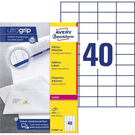 Avery L7184-100 Adresse etiketter små kuverter 40 pr. ark 52.5x29.7 100 ark