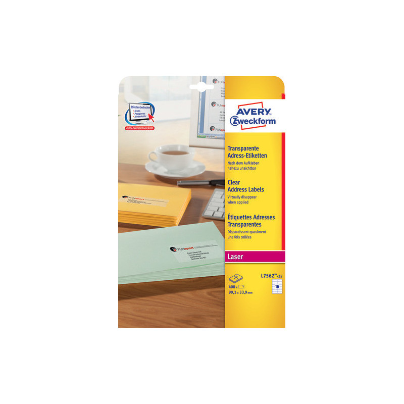 Avery L7562-25 klare Adresse etiketter 16 pr. ark 99.1 x 33.9 25 ark