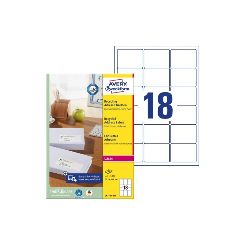 Avery LR7161-100 Etiketter af genbrugspapir med QuickPEEL™ 63,5x46,6mm 100ark Avery LR7161-100 Etiketter af genbrugspapir med QuickPEEL™ 63,5x46,6mm 100ark