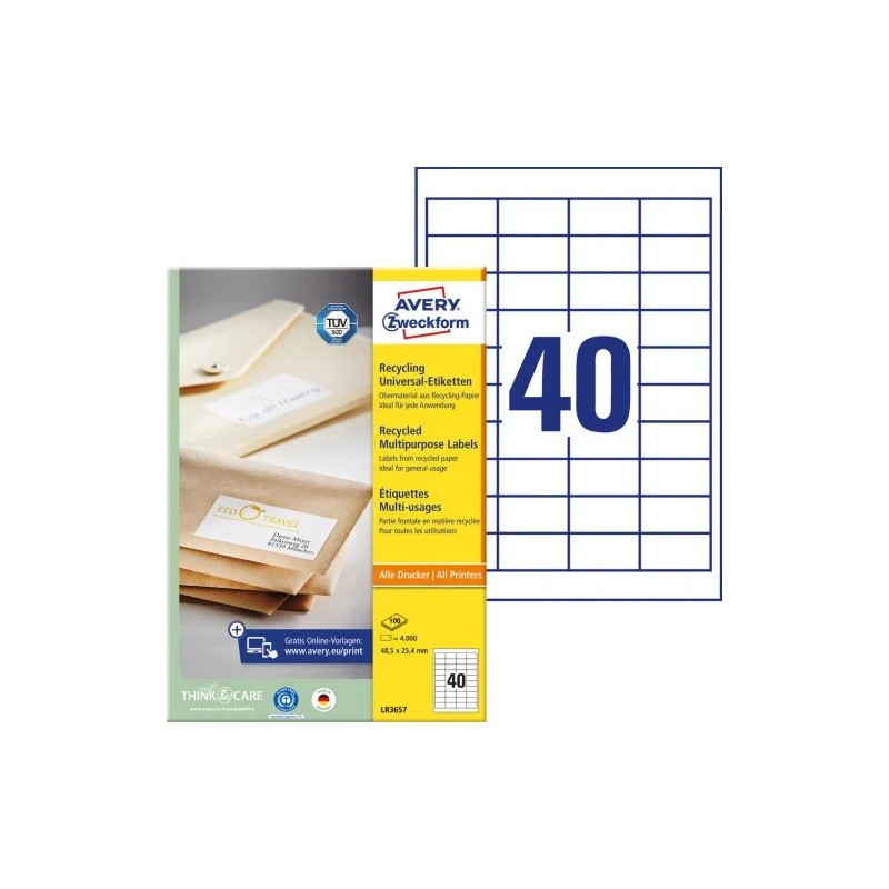 Avery LR3657 Universaletiketter af genbrugspapir 48,5x25,4mm 100ark Avery LR3657 Universaletiketter af genbrugspapir 48,5x25,4mm 100ark