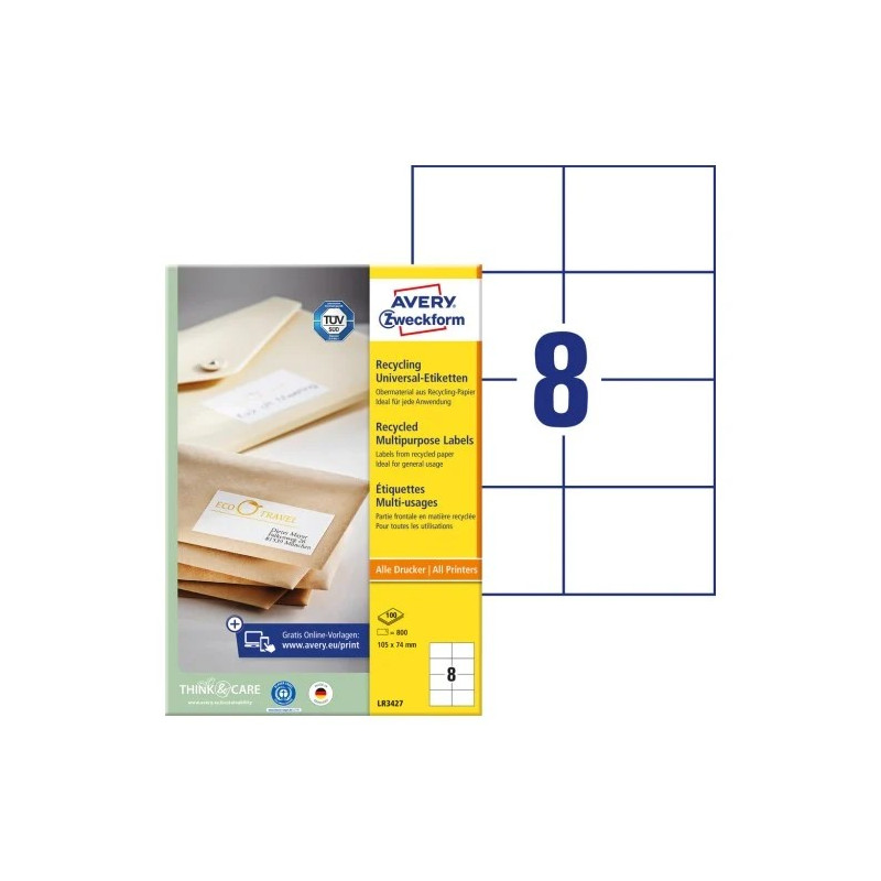 Avery LR3427 Universaletiketter af genbrugspapir 105x74mm 100ark Avery LR3427 Universaletiketter af genbrugspapir 105x74mm 100ark