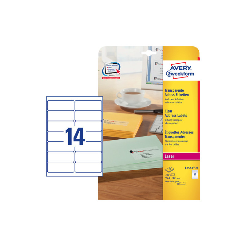 Avery L7563-25 klare Adresse etiketter 14 pr. ark 99.1 x 38.1 25 ark