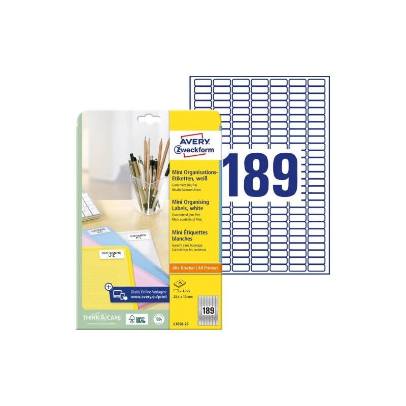 Avery L7658-25 Mini-etiketter hvide 25,4x10mm 25ark Avery L7658-25 Mini-etiketter hvide 25,4x10mm 25ark