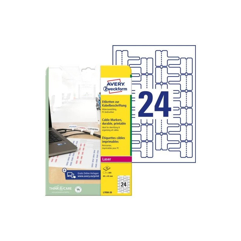 Avery L7950-20 Cable Markers, small size, hvide, 60x40mm, 24 pr. ark, (20ark)