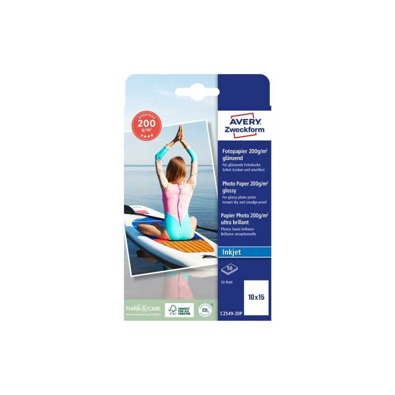 Avery C2549-20P Inkjet fotokort 10x15, 50Ark, 200 g/m²