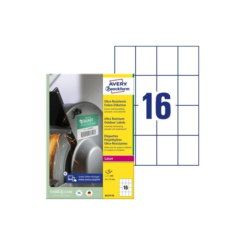 Avery B5274-50 Ekstremt modstandsdygtige og elastiske etiketter 52x74mm 50ark