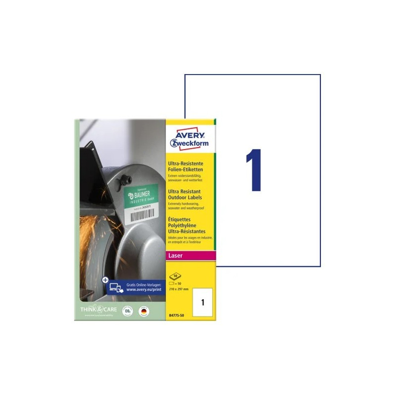 Avery B4775-50 Ekstremt modstandsdygtige og elastiske etiketter 210x297mm 50ark