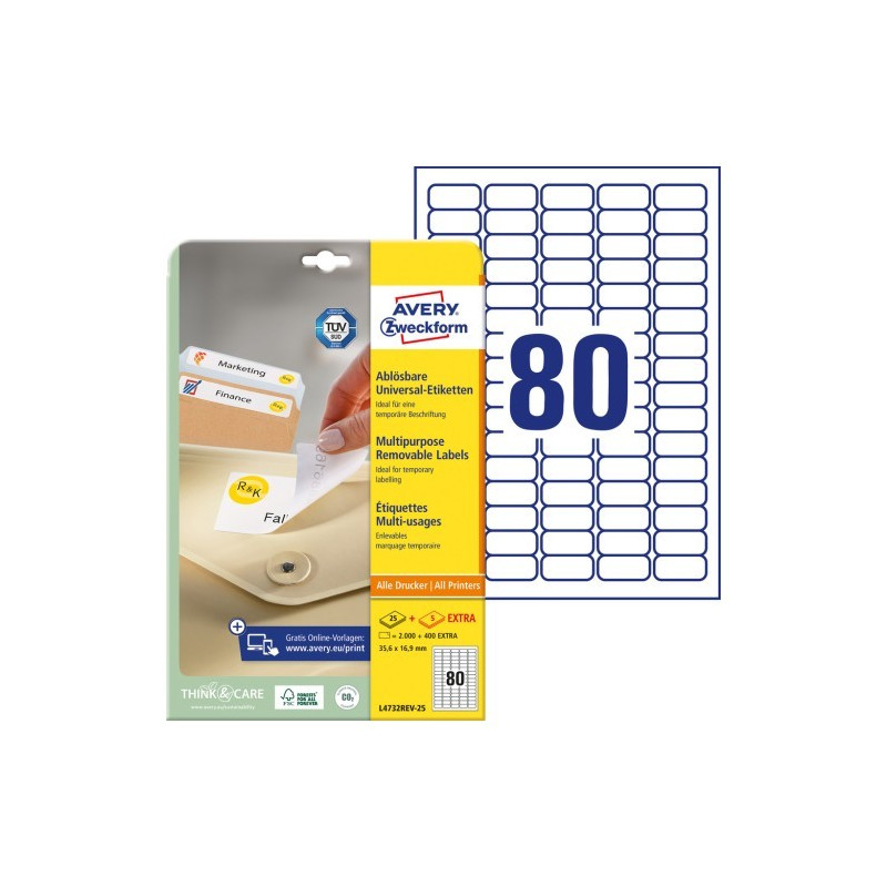 Avery L4732Rev-25 Aftagelige etiketter 80 pr. ark 35.6 x 16.9 30ark