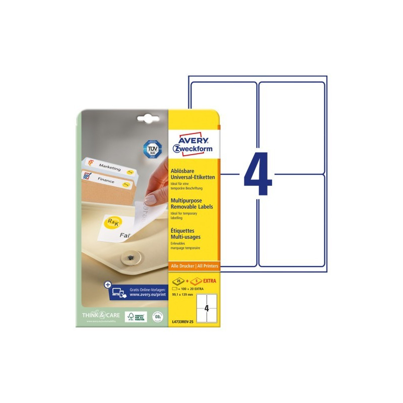 Avery L4733Rev-25 Aftagelige etiketter 4 pr. ark 99