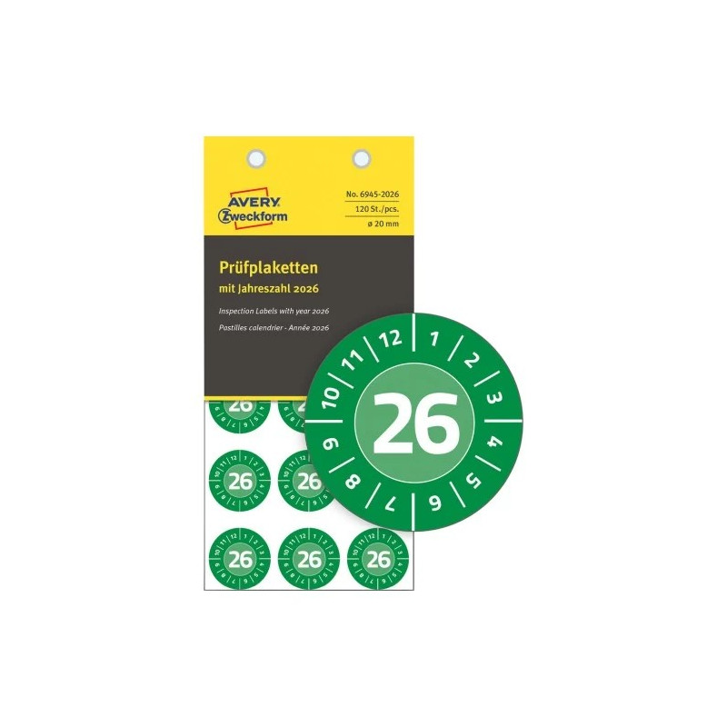 Avery 6945-2026 Inspektionsetiketter 2026 med NoPeel™ Ø20mm 8ark