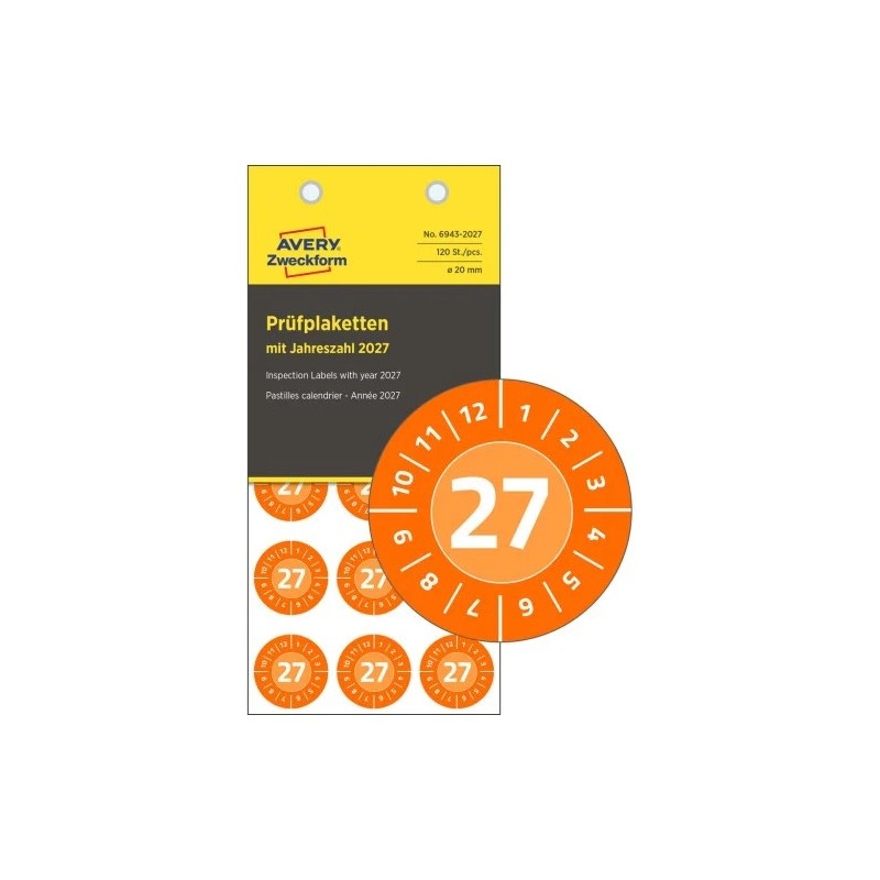 Avery 6943-2027 Inspektionsetiketter 2027 i vinyl Ø20mm 8ark