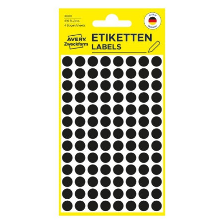 Avery 3009 Labels-Etiketter, sorte runde Ø8mm