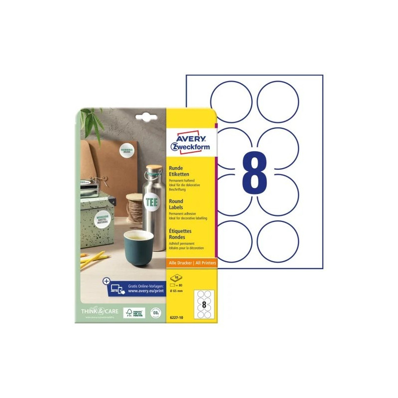 Avery 6227-10 Runde produktetiketter Ø65mm 10ark Avery 6227-10 Runde produktetiketter Ø65mm 10ark