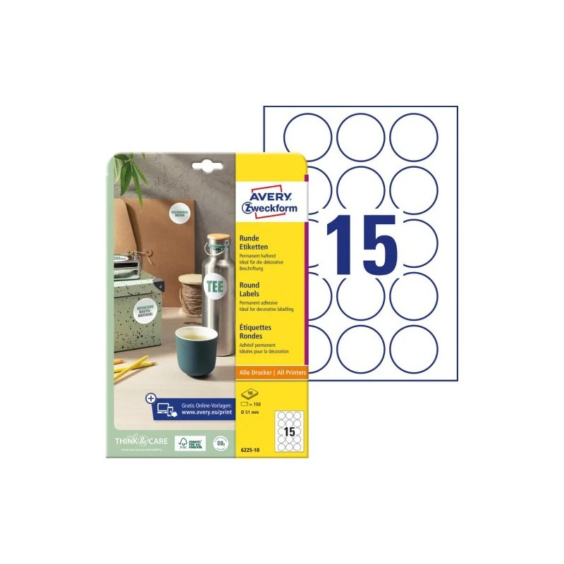 Avery 6225-10 Runde produktetiketter Ø51mm Avery 6225-10 Runde produktetiketter Ø51mm