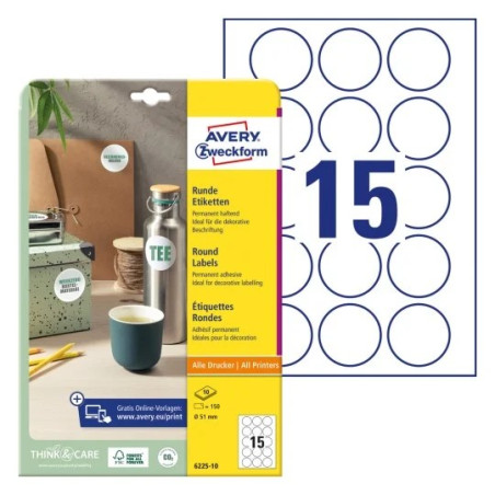 Avery 6225-10 Runde produktetiketter Ø51mm 10ark