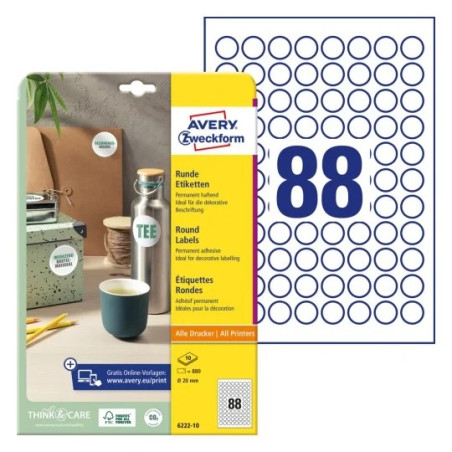 Avery 6222-10 Runde produktetiketter Ø20mm 10ark