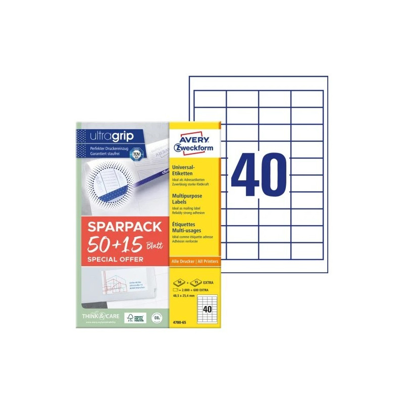 Avery 4780-65 Universaletiketter med ultragrip 48,5x25,4mm (65ark)