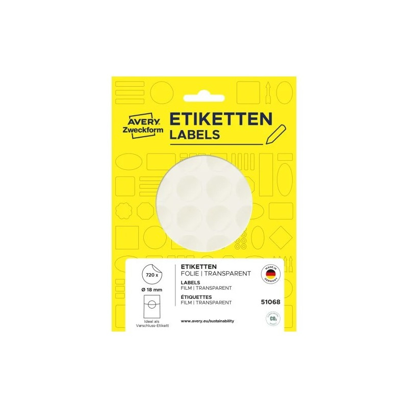Avery 51068 Forseglingsetiketter transparent Ø18mm Avery 51068 Forseglingsetiketter transparent Ø18mm