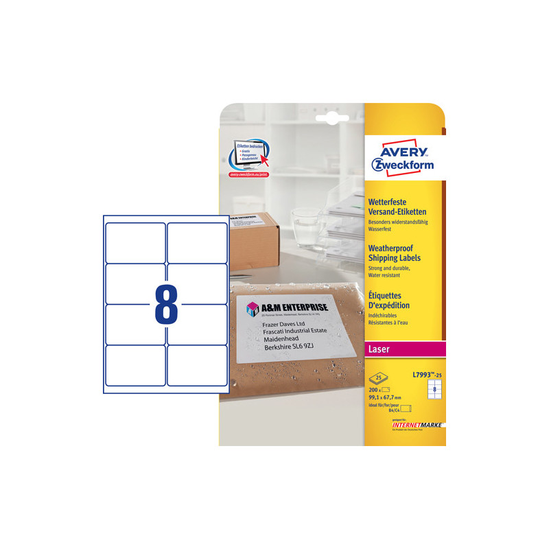 Avery L7993-25 Vejrbestandige Shipping etiketter 8 pr. ark 99