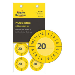 Avery 7902 Gul inspektionsetiket Vinyl Ø30mm udfyld selv årstal (80stk)
